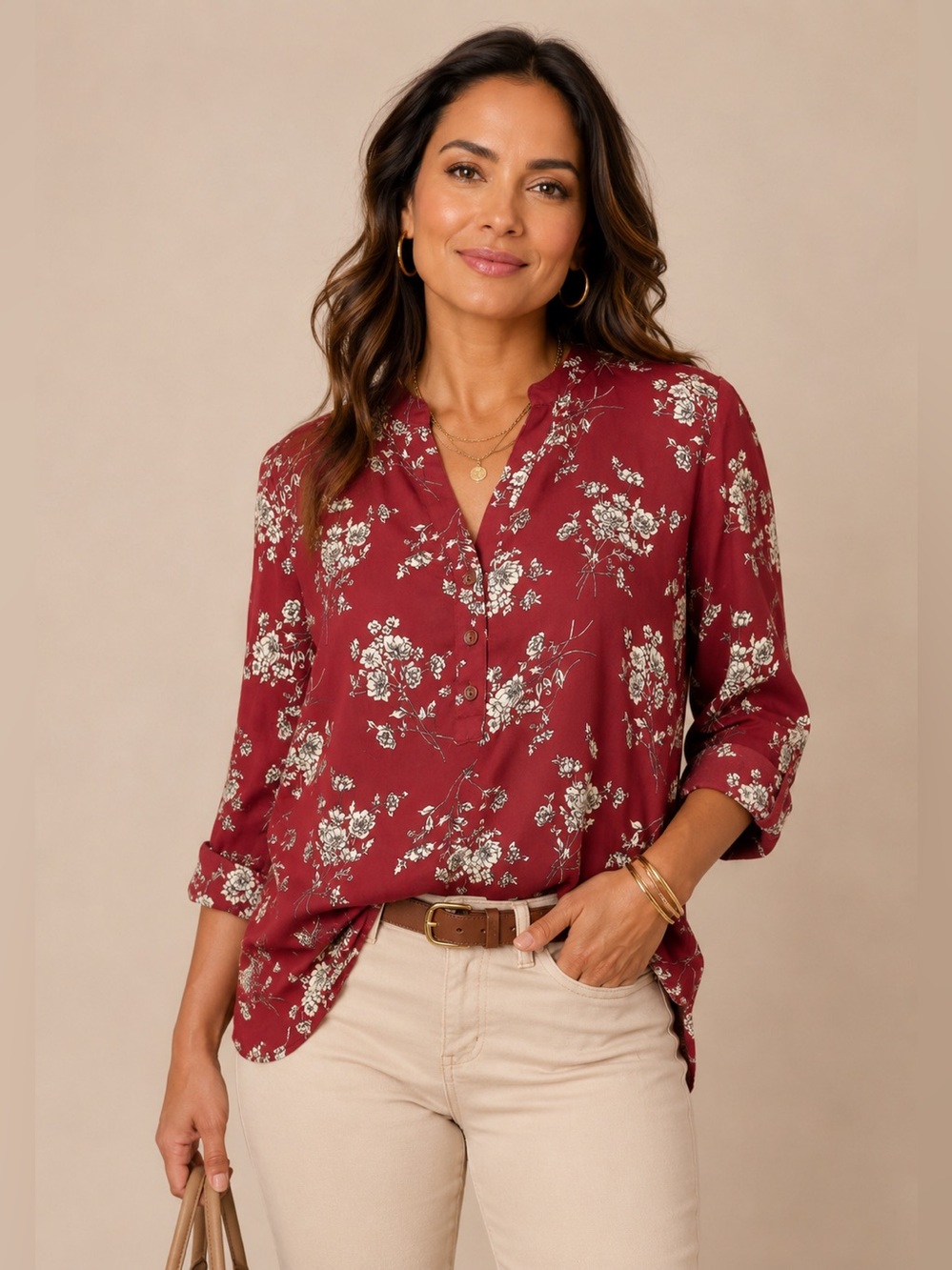 Forever 21 Floral Roll Tab Sleeve Blouse Burgundy Red S